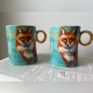 Anthropologie Mug WALCOTT WINTER FAUNA Red FOX Earthenware Gold NWT - a pair